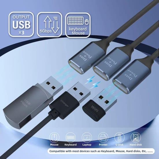 Y-kabel USB-splitter, 30 cm, 2-i-1 USB A og USB C ekspansjonshub, multi-USB portutvider