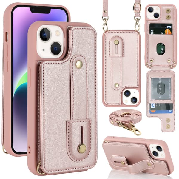iPhone 13PRO, crossbody-deksel med stropp og stativ (rosa)