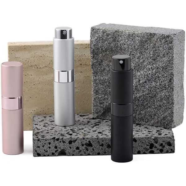 Mini sprayflaskor, tomma (3-pack), påfyllningsbara (silver, rosa, svart)