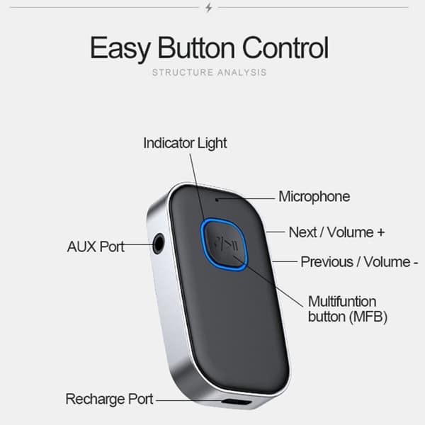 Bluetooth-mottaker - 16 timer trådløs tilkobling - Bluetooth 5.0 - 3,5 mm AUX