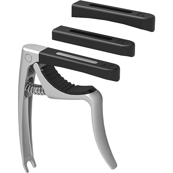 Gitarr Capo, 4-i-1 Gitarr Capo med Stallpinne Dragare, Capos för Gitarr Bas Ukulele Banjo Mandolin, 3 Silikonhuvuden, Gitarrtillbehör, Silver