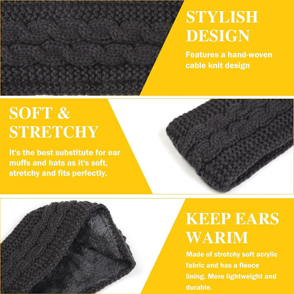 Hårband, 2-pack Vinterstickade Hårband, Lämpliga för Damhår, Bredstickad Öronmuffsfoder, Sammet Fleece Foder, 19*14cm, Svart, Grå