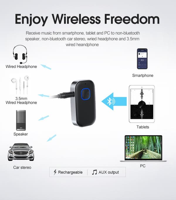 Bluetooth-mottaker - 16 timer trådløs tilkobling - Bluetooth 5.0 - 3,5 mm AUX