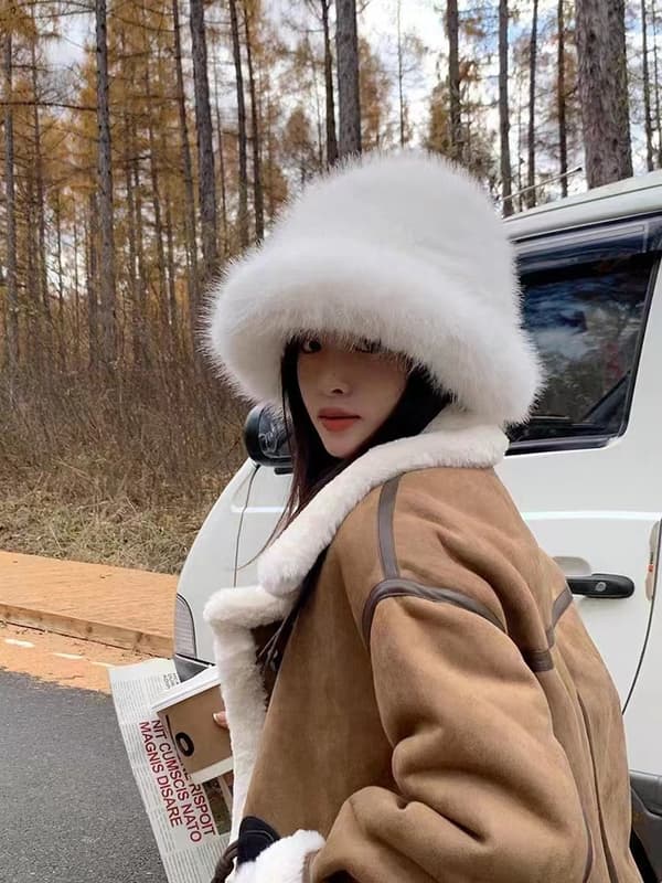 Fuskpäls fluffig bucket hat, varm mössa, grå