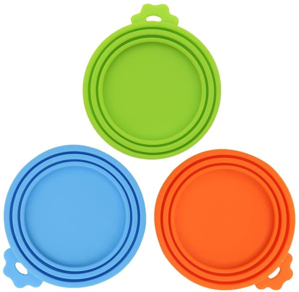 3-pak dåser til kæledyrsfoder med universelle sikkerhedslåg/silikonelåg til hunde- og kattefoder (grøn + blå + orange)