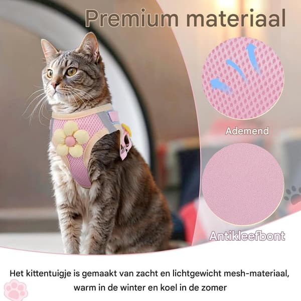 Blommig reflekterande mjuk västsele & koppel för katt, rosa, M