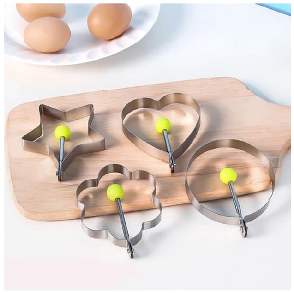 5-delt sæt - Æggeforme - Æggeringe i rustfrit stål - Hjerteformet, blomsterformet, stjerneformet, beige og rundt form sæt
