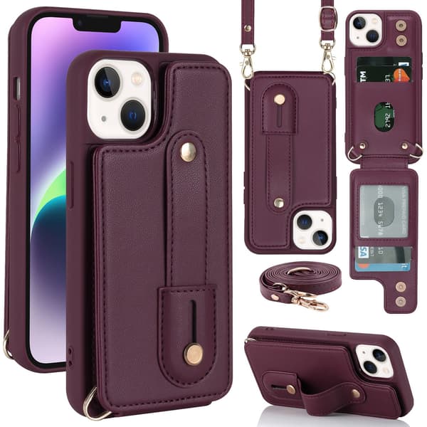 iPhone 12, crossbody-deksel med stropp og stativ (Vinrød)