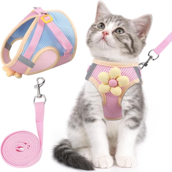 Blommig reflekterande mjuk västsele & koppel för katt, rosa, M