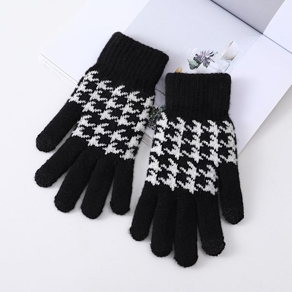 Houndstooth strik handsker, touchscreen varme handsker, sort