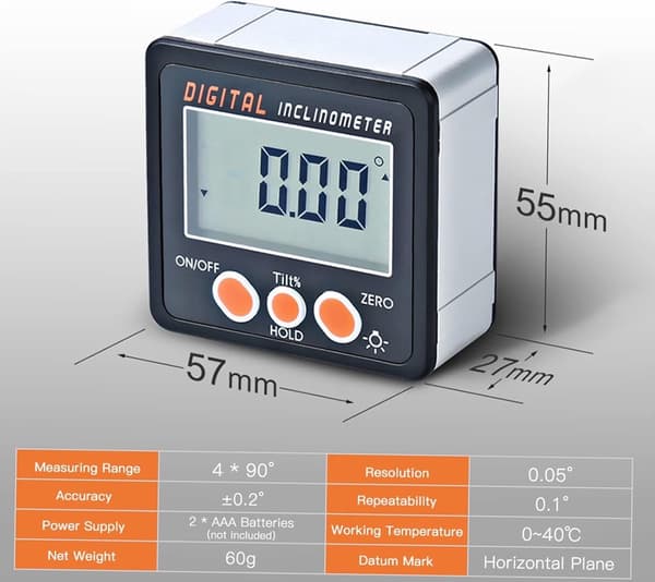 Digital vinkelmåler til præcis vinkelmåling – et LCD-inklinometer med magnetisk base – sort og hvid.