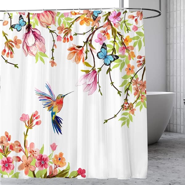 Duschdraperi med blommönster - med krokar - maskintvättbart