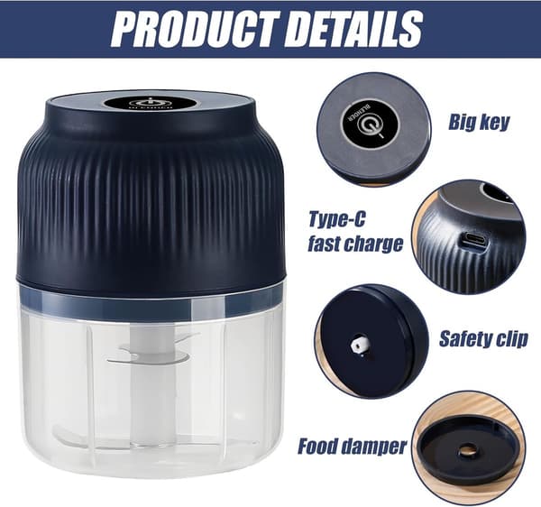 Sladdlös USB Mini Elektrisk Hackare, 300 ml, för köksvitlök, lök, grönsaker & nötter