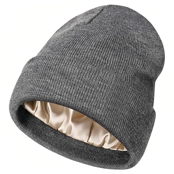 Stickad Vintermössa - Satinfoder - Varm, Bekväm och Lös Passform - Unisex (Grå)