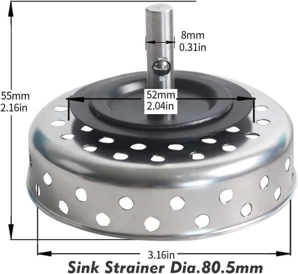 Vask afløbssi i rustfrit stål, vask prop, UK vask hul diameter 80,5 mm