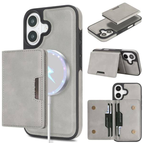 iPhone 16, Magnetisk Kortholder, Kunstlæder Telefoncover, Grå