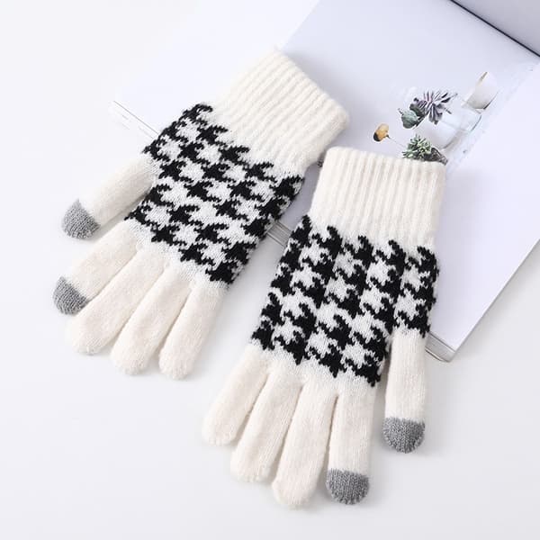 Houndstooth strik handsker, touchscreen varme handsker, hvid