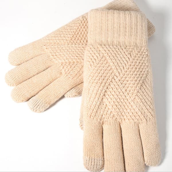 Varma stickade handskar, dubbla lager pekskärmshandskar, beige