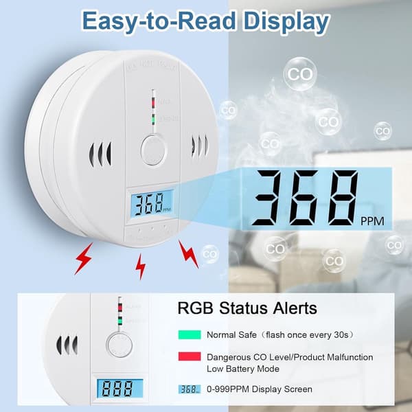1 styck - Kolmonoxiddetektor - Batteridriven - med digital LED-display - Vit