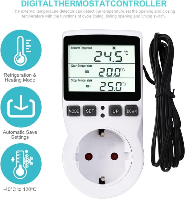 Digital Termostat LCD-display med Timer Probe 230V Temperaturregulator Stik Varme Køle Termostat