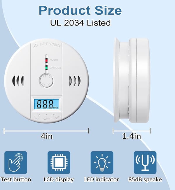 1 styck - Kolmonoxiddetektor - Batteridriven - med digital LED-display - Vit