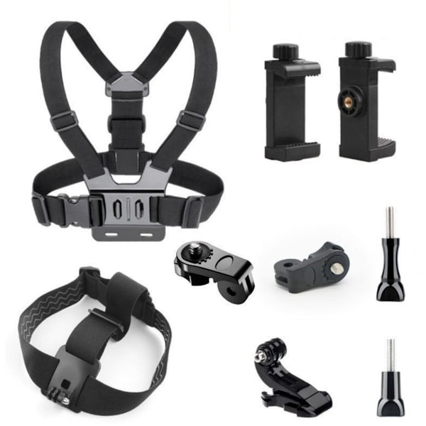 Action Camera Bryststropp - 9-Dels Sett - Stativ - Stabiliserende Bryststropp - Universal Bryststropp - Svart