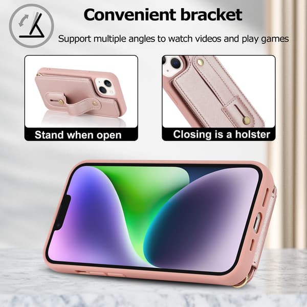 iPhone 12, crossbody-deksel med stropp og stativ (brun)