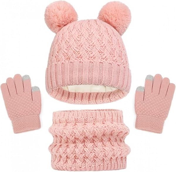 Pink - Tørklæde, handsker og hat tre-delt sæt (alder 2-8 år)