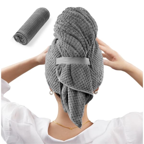 1-pack - Hårfönsskydd - Stor hårhandduk i mikrofiber för kvinnor - Snabbtorkande badhandduk (Grå)