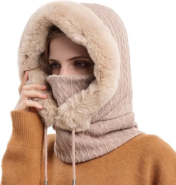 Vintermössa för damer - Stickad mössa - Fleecefodrad mössa med dragsko - Beige
