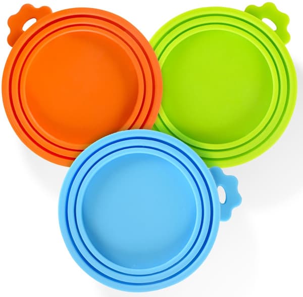 3-pak dåser til kæledyrsfoder med universelle sikkerhedslåg/silikonelåg til hunde- og kattefoder (grøn + blå + orange)