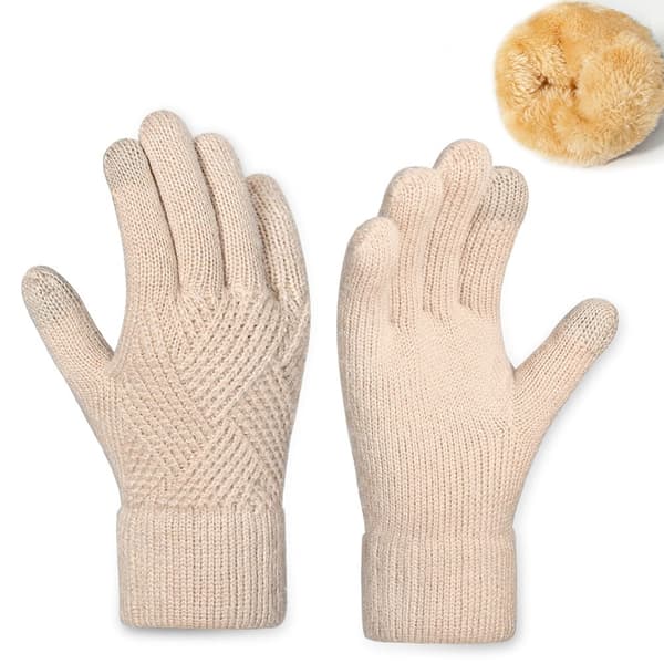 Varme strikkede handsker, dobbeltlags touchscreen-handsker, beige