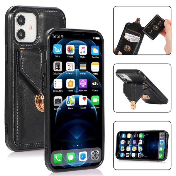 iPhone 15 Plus, kortholder etui, crossbody PU etui (sort)