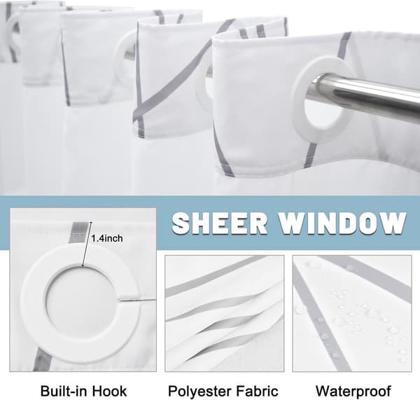 Hookless Duschdraperi i Off-White med Knappar, Tygfoder Set, Hotellfoder Set med Klar Meshfönster Upptill, Maskintvättbar, 71x75 Tum