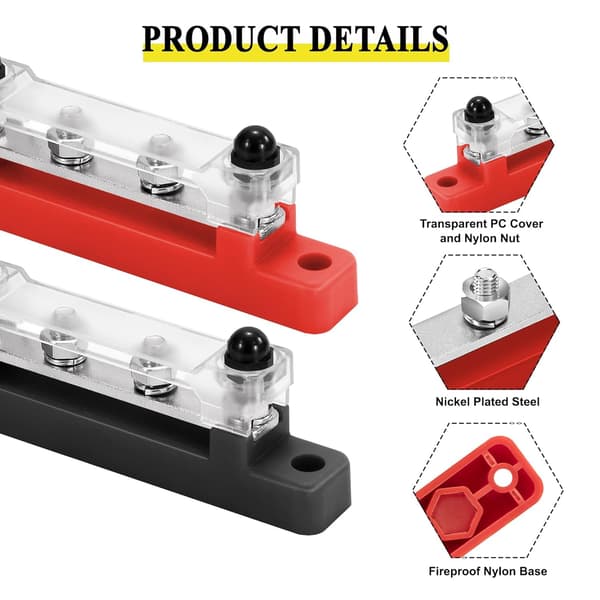 2-pack 12V-48V DC Sammlingsskena Strömfördelningsmoduler, 150A Strömfördelningslist med 4 M6 Fästbultar