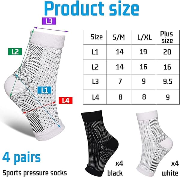 Kompressionsstrømper, 4 par (L/XL, størrelser 40-46) - egnet til både mænd og kvinder (2 sorte, 2 hvide)
