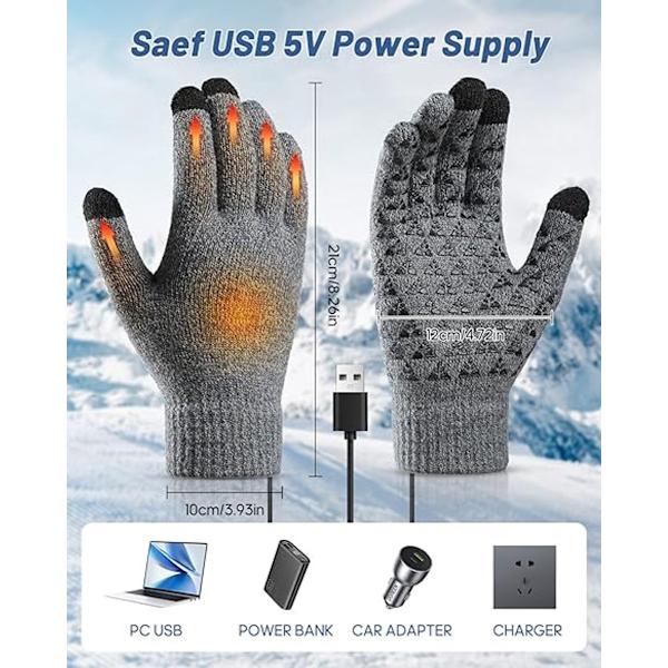USB Opvarmede Handsker - Damehandsker - Touchscreen Strikkede Handsker - Grå