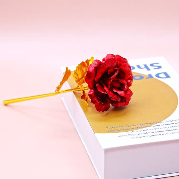 Plastrose - Rød rose - Kunstig blomst - (Rød + Gull) - 25 x 8 x 8 cm