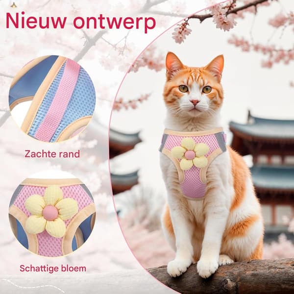 Blommig reflekterande mjuk västsele & koppel för katt, rosa, M