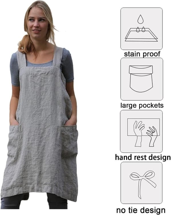 Kryssforkle for kvinner med lommer, japansk forkle for arbeid, hagearbeid, matlaging, maling, baking, lengde: 95 cm / bryst: 94 cm, grå