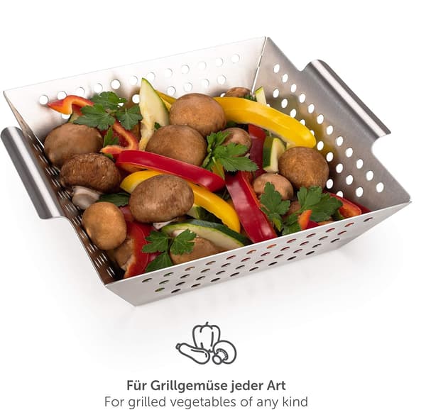 Denna 100% rostfria grillkorg mäter 24,5 x 20,5 x 4 cm (medium).