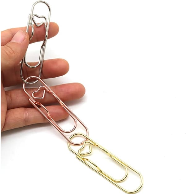 12-pak - Metal Penneclips - Til notesbøger - Notesbogstilbehør - 2,8-tommer store hjerteformede papirclips