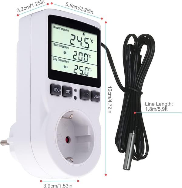 Digital Termostat LCD-display med Timer Probe 230V Temperaturregulator Stik Varme Køle Termostat