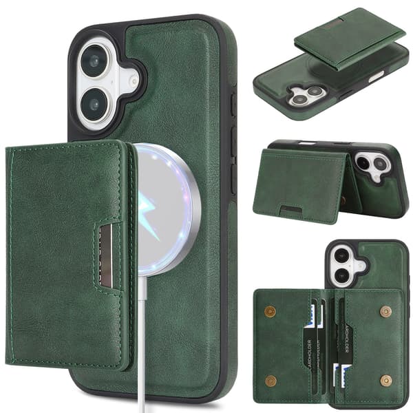 iPhone 16 Plus, Magnetisk Kortholder, Kunstlæder Telefoncover, Grøn