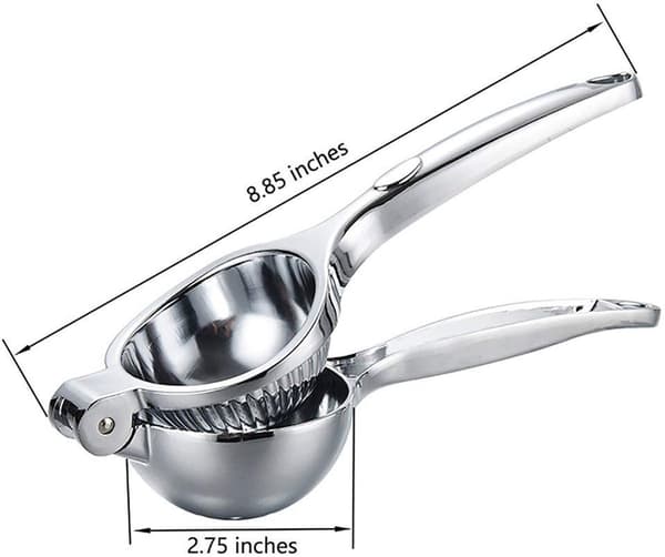 Manuel citronpresser, citruspresser i rustfrit stål, manuel citruspresser i metal, 6,9 cm ekstra stor robust solid metalskål, sølv