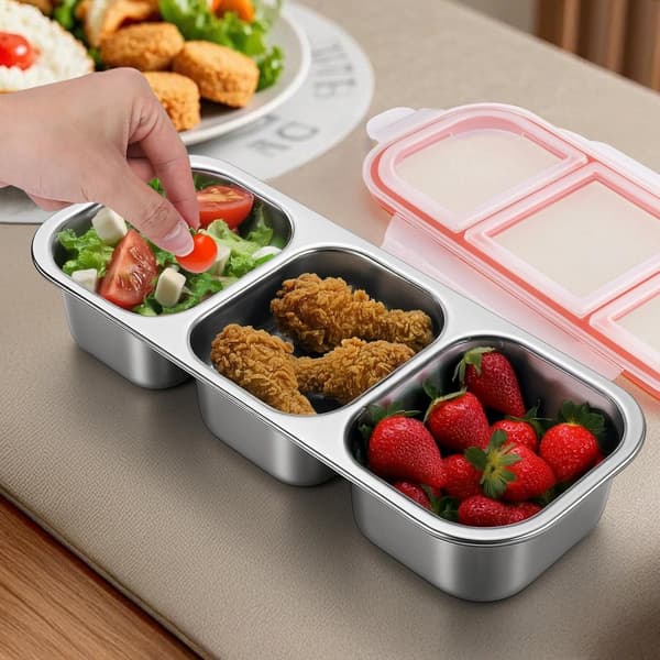 Snackboks i rustfrit stål - snackboks med tre rum og et låg