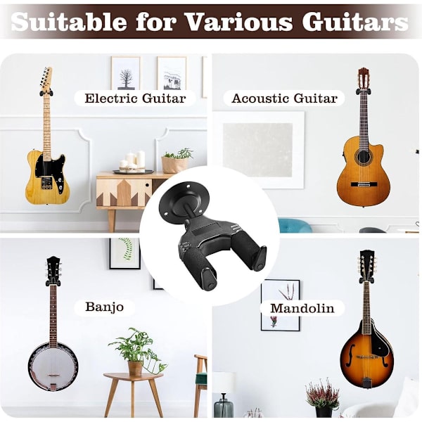 Väggfäste för Gitarr med Automatiskt Lås, Säkert Gitarrväggfäste för Upphängning av Gitarr, Lämpligt för Bas, Mandolin, Banjo