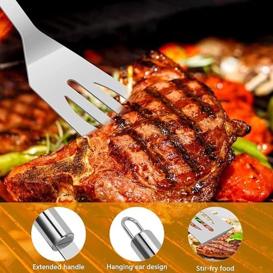 16-delt grillbestikksett - Grilltilbehør i rustfritt stål - Spatel, tang, spyd, børste - Sølv
