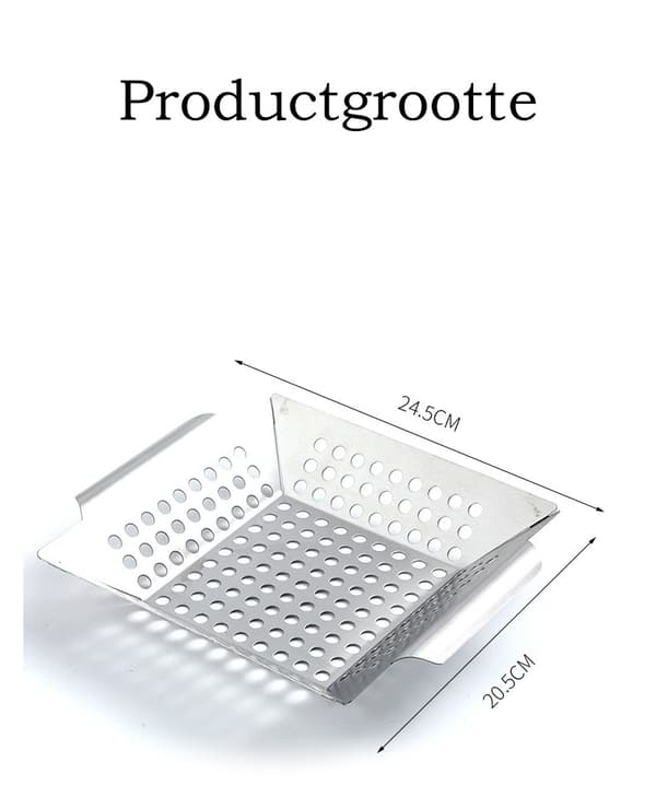 Denne 100% rustfri stål grillkurv måler 24,5 x 20,5 x 4 cm (medium).