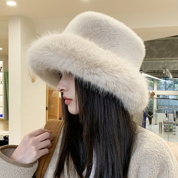 Fuskepels fluffy bøttehatt, varm lue, grå